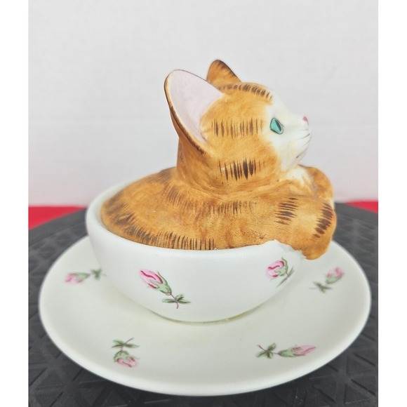 Vintage Mann Rotating Music Box Kitten in a Teacup 1986  Plays Cats Theme Works! - Picture 3 of 10